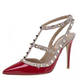 Pre Owned Valentino Red Patent and Beige Leather Rockstud Sandals Size 37.5