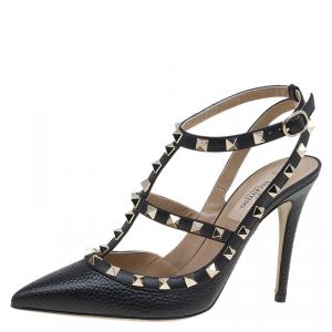 Pre Owned Valentino Black Leather Rockstud Sandals Size 37