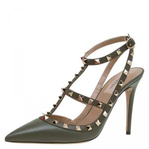 Pre Owned Valentino Olive Leather Rockstud Sandals Size 40