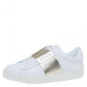 Pre Owned Valentino White and Gold Band Leather Open Low Top Sneakers Size 38