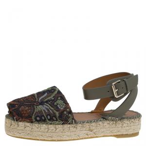 Pre Owned Valentino Olive Embroidered And Leather Ankle Strap Espadrille Sandals Size 37