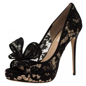 Pre Owned Valentino Black Floral Couture Bow Lace Peep Toe Platform Pumps Size 38