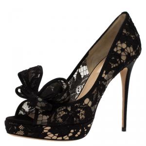 Pre Owned Valentino Black Floral Couture Bow Lace Peep Toe Platform Pumps Size 39.5