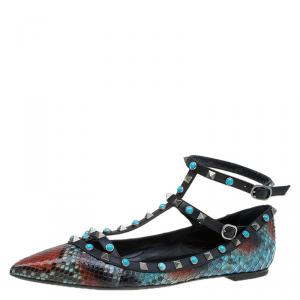 Pre Owned Valentino Multicolor Python Rolling Rockstud Cage Flats Size 41