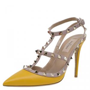 Pre Owned Valentino Yellow and Beige Leather Rockstud Sandals Size 39