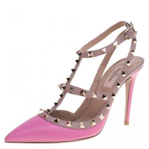 Pre Owned Valentino Pink and Beige Leather Rockstud Sandals Size 38