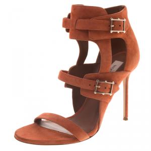 Pre Owned Valentino Orange Suede Buckle Detail Ankle Wrap Sandals Size 40