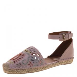 Pre Owned Valentino Light Pink Embroidered Leather A Jour Ankle Strap Espadrilles Size 40