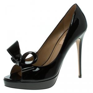 Pre Owned Valentino Black Patent Leather Couture Bow Peep Toe Platform Pumps Size 40