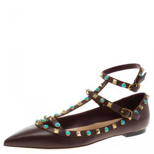 Pre Owned Valentino Brown Leather Rolling Rockstud Cage Flats Size 40