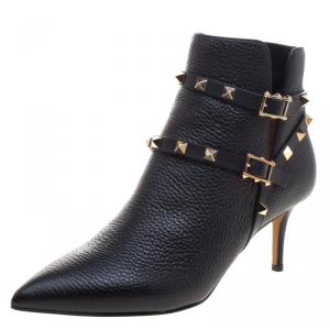 Pre Owned Valentino Black Leather Rockstud Pointed Toe Ankle Boots Size 38.5