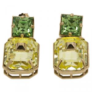 Pre Owned Valentino Yellow & Green Crystal Pyramid Gold Tone Dangle Earrings
