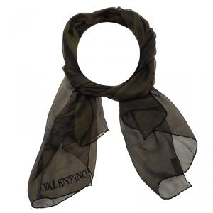 Pre Owned Valentino Dark Green Black Printed Silk Scarf