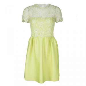 Pre Owned Valentino Yellow Floral Lace Overlay Cap Sleeve Dress S