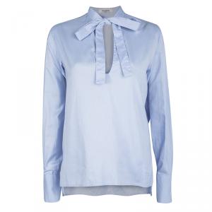 Pre Owned Valentino Blue Cotton Chambray Neck Tie Detail Long Sleeve Blouse M