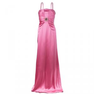 Pre Owned Valentino Pink Strapless Floral Brooch Gown L