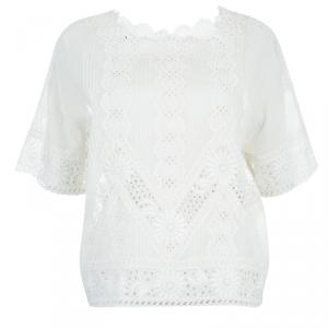 Pre Owned Valentino White Floral Eyelet Embroidered Pintuck Detail Long Sleeve Blouse M
