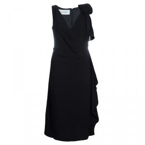 Pre Owned Valentino Black Ruched Side Floral Applique Detail Sleeveless Dress M