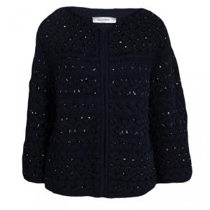 Pre Owned Valentino Navy Blue Fleece Wool Crystal Embellished Jacket S