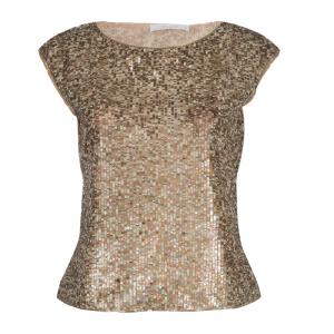 Pre Owned Valentino Gold All-Over Sequin Embellished Sleeveless Top M