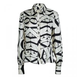 Pre Owned Valentino Cream Monogram Print Long Sleeve Buttondown Silk Shirt XL