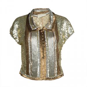 Pre Owned Valentino Gold All Over Embellished Cap Sleeve Crop Top L