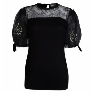 Pre Owned Valentino T-Shirt Couture Black Lace Detail Puffed Sleeve Top M