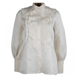 Pre Owned Valentino Cream Silk Ruffle Detail Long Sleeve Shirt L