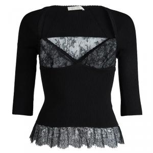 Pre Owned Valentino Black Rib Knit Lace Insert Top S