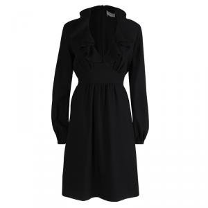 Pre Owned Valentino Black Wool Ruffle Detail Long Sleeve Dress L