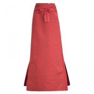 Pre Owned Valentino Red Bow Detail Gathered High Low Maxi Skirt L