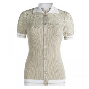 Valentino Gold Lurex Ribbed Knit Lace Detail Top M