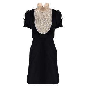 Pre Owned Valentino Black Beaded Yoke Detail Short Sleeve Dress S