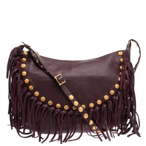 Pre Owned Valentino Burgundy Leather C Rockee Studded Fringe Hobo