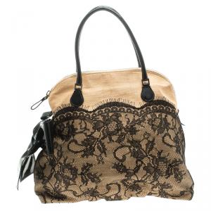 Pre Owned Valentino Beige/Black Canvas and Lace Bow Dome Satchel