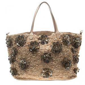 Pre Owned Valentino Beige Leather Sequin Beaded Applique Tote