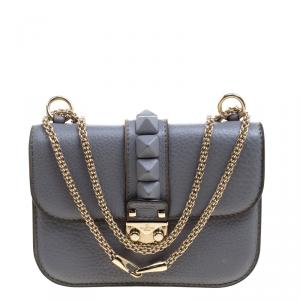 Pre Owned Valentino Stone Blue Leather Rockstud Small Glam Lock Shoulder Bag