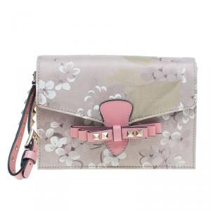 Pre Owned Valentino Beige/Pink Satin Floral Print Wristlet Clutch Bag