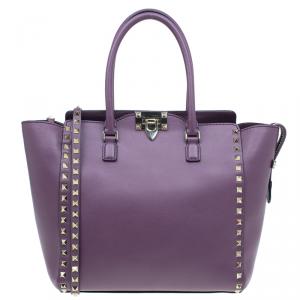 Valentino Purple Leather Rockstud Double Handle Bag