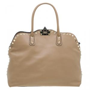 Pre Owned Valentino Beige Leather Rockstud Dome Double Handle Bag