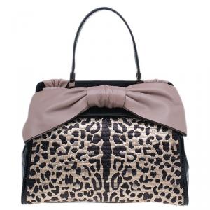 Pre Owned Valentino Black Leopard Print Raffia Patent Leather Aphrodite Bow Top Handle Bag
