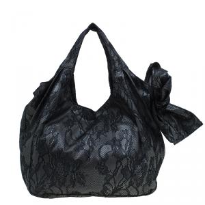 Pre Owned Valentino Black All Lace Medium Nuage Bow Hobo