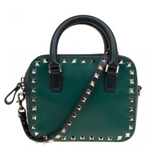 Pre Owned Valentino Green/Black Leather Mini Rockstud Top Handle Bag