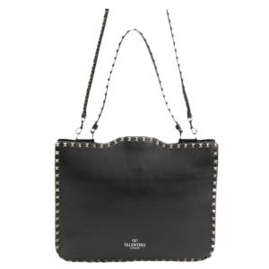 Valentino Black Leather Rockstud Flip Lock Messenger Bag