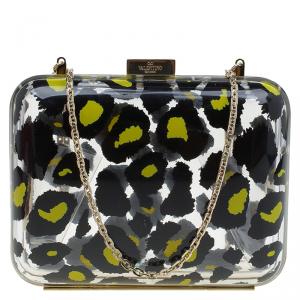Pre Owned Valentino Leopard Print Plexiglass Chain Clutch