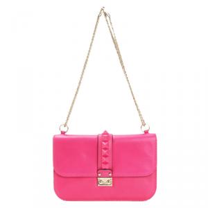 Pre Owned Valentino Pink Leather Rockstud Glam Rock Flap Bag
