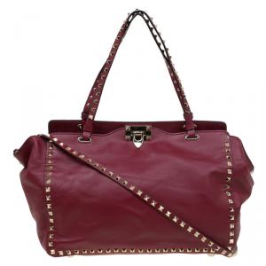 Pre Owned Valentino Burgundy Leather Medium Rockstud Tote
