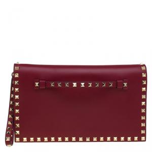 Pre Owned Valentino Burgundy Leather Rockstud Wristlet Clutch
