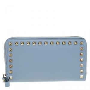 Pre Owned Valentino Grey Leather Rockstud Zip Around Wallet