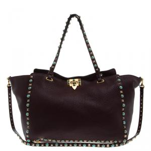 Pre Owned Valentino Burgundy Leather Medium Rockstud Tote